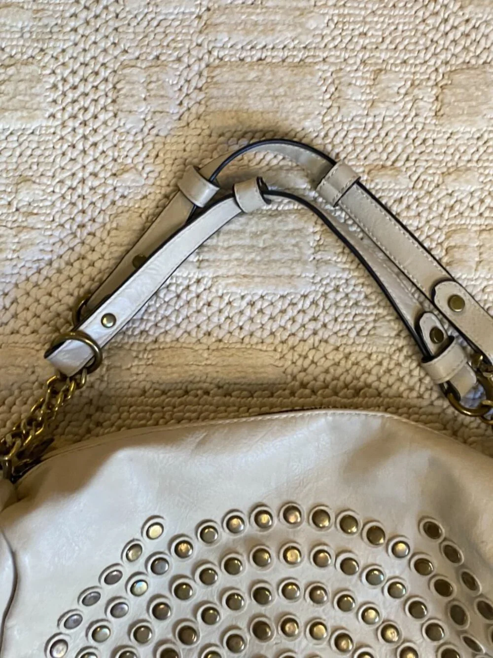 Ivory Studded Hobo Shoulder Bag – Gold Hardware